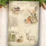 Papel De Seda Elegante Collage rústico vintage navideño<br><div class="desc">Encantador collage rústico vintage de ephemera de bosque de invierno con grabado de esquirlas,  pino,  texto,  guión,  gráficos de postales y ladrillos de nidificación dulce sobre el angustiado fondo de pergamino sepia envejecido. Adecuado para Navidades descatalogados y proyectos de elaboración.</div>