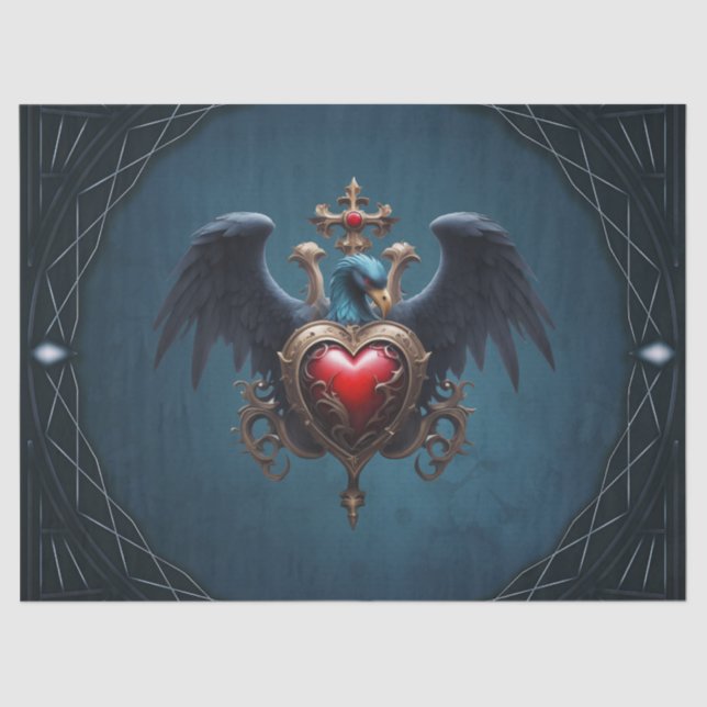 Papel De Seda Elegante corazón gótico con pájaro de fantasía. (Anverso)