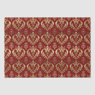 Papel De Seda Elegante Corazón Rojo y Oro de San Valentín Damask