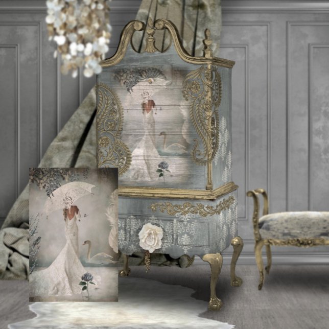 Papel De Seda Elegante dama de honor con sombrilla (Swan Lake Bridal Portrait Art Decoupage)