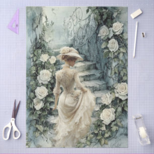 Papel De Seda Elegante Decoupage de Escalera de Rosa Blanca Vict