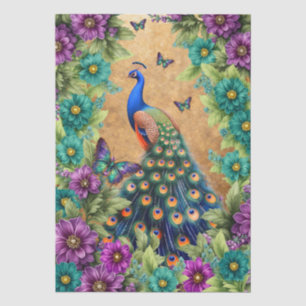 Papel De Seda Elegante Decoupage de Pavón Floral y Mariposas