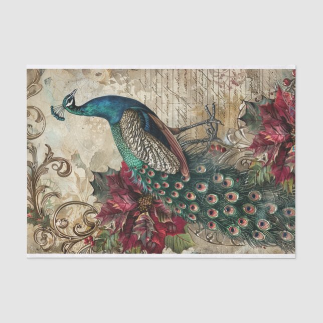 Papel De Seda Elegante Decoupage de Pavón Verde Azul Navidad (Anverso)