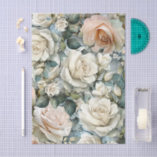 Papel De Seda Elegante Decoupage de Rosas Blancas Victorianas