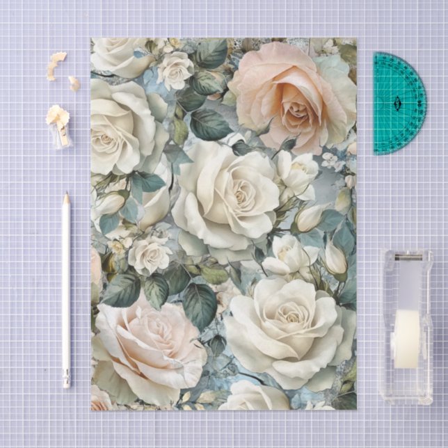 Papel De Seda Elegante Decoupage de Rosas Blancas Victorianas (Artesanía)