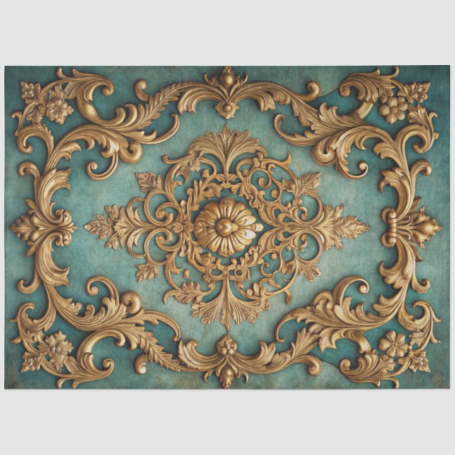 Papel De Seda Elegante decoupage dorado falso verde teal (Anverso)