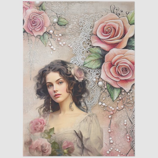 Papel De Seda Elegante época victoriana Lady rosas rosas y encaj (Anverso)