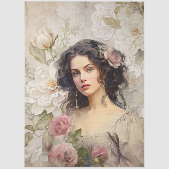 Papel De Seda Elegante época victoriana Lady White & Pink Floral (Anverso)