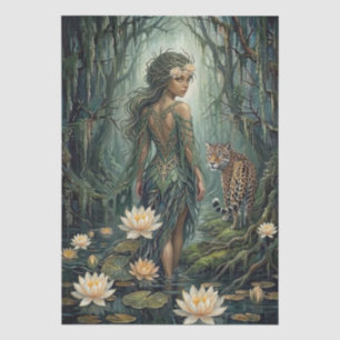Papel De Seda Elegante Fantasía Chica del Bosque y Jaguar Decoup