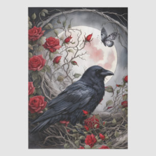 Papel De Seda Elegante Fantasía Luna, Cuervo y Rosas Rojas