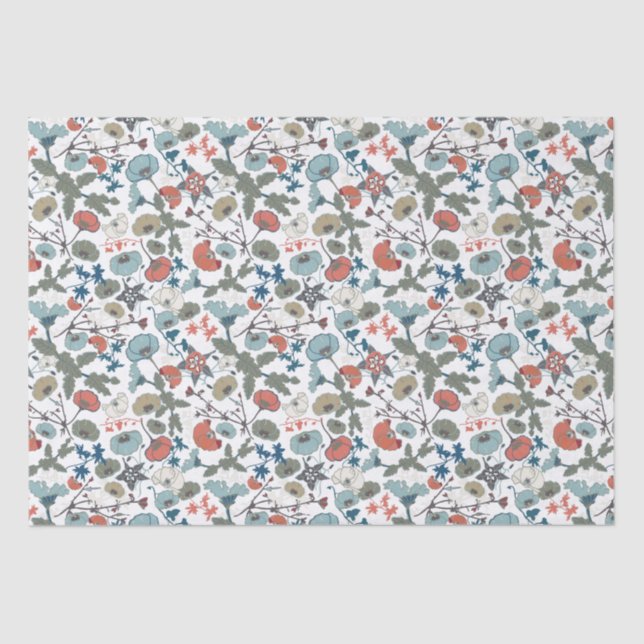 Papel De Seda Elegante floral alegre azul Naranja verde (Anverso)