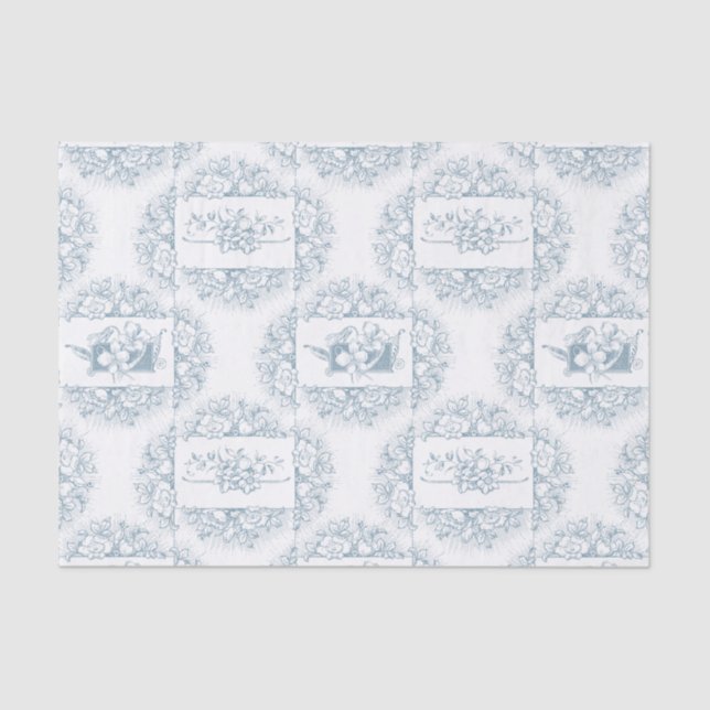 Papel De Seda Elegante floral azul y blanco grabado (Anverso)