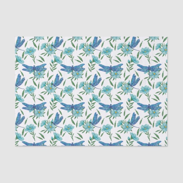 Papel De Seda Elegante floral botánica y libélula azul (Anverso)