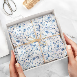 Papel De Seda Elegante floral botánico azul y blanco Toile