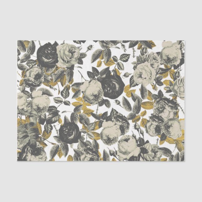 Papel De Seda Elegante floral de Rosas de oro blanco negro vinta (Anverso)