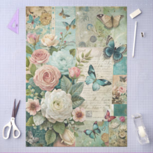 Papel De Seda Elegante Floral rosa del Cottagecore Verde azulado