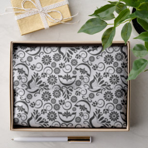 Papel De Seda Elegante floral vintage con volutas en blanco y ne