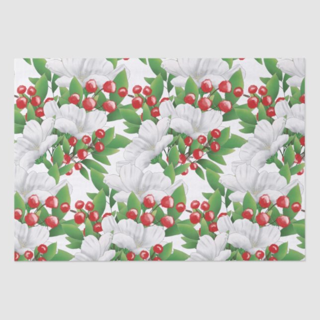 Papel De Seda Elegante invierno Bouquet Floral verde rojo blanco (Anverso)