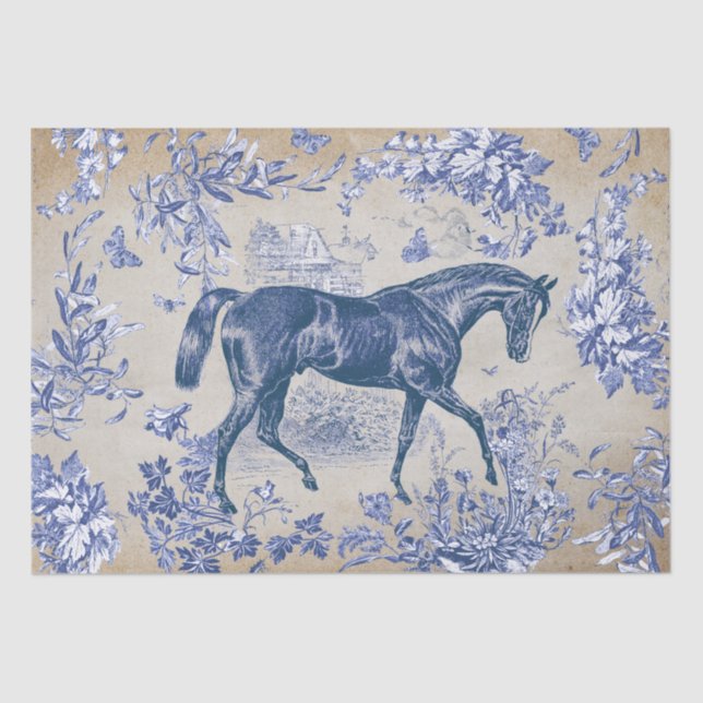 Papel De Seda Elegante Kraft de tela floral de caballos azul de  (Anverso)