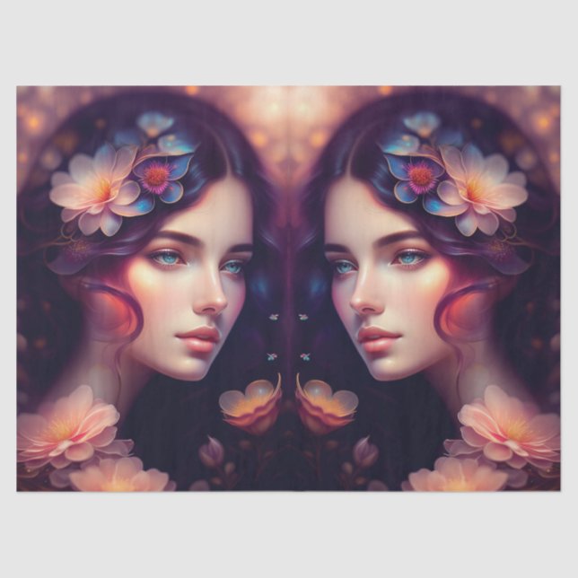 Papel De Seda Elegante Lady Naranja Flores Azules Rosadas Desnud (Anverso)