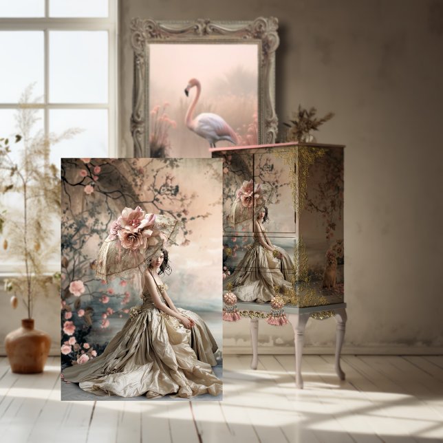 Papel De Seda Elegante Lady Sitting, Dreamy Floral Retrato Art (Lady & a Parasol, Romantic, French Portrait Beauty, Digital Mixed Media Art, Decoupage Tissue Paper)