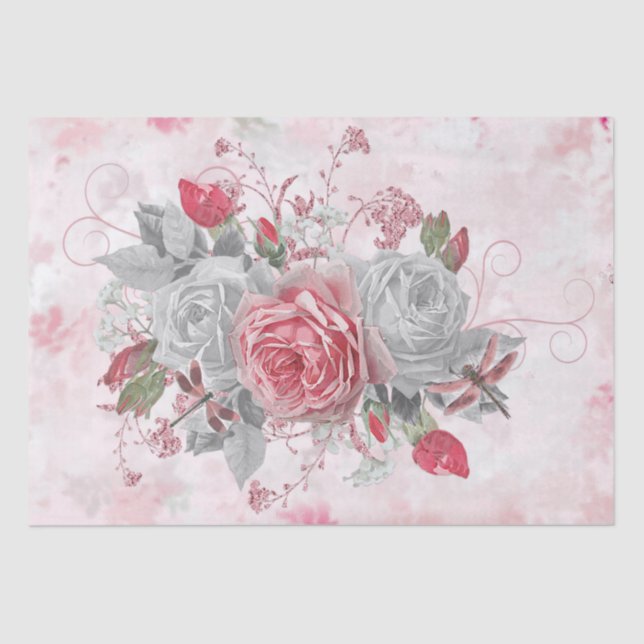 Papel De Seda Elegante libélula rosada y desenlace de Rosas (Anverso)