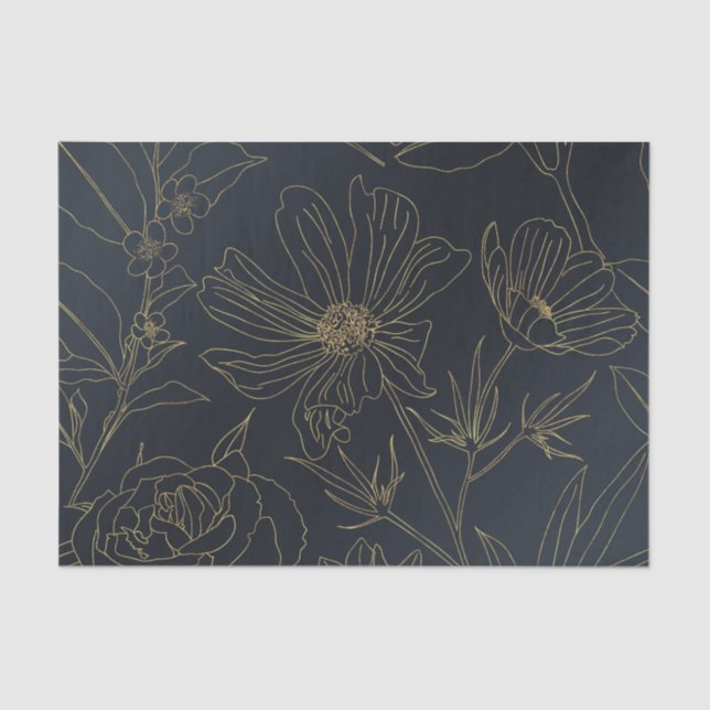 Papel De Seda Elegante Línea de Flores de Oro Azul (Anverso)