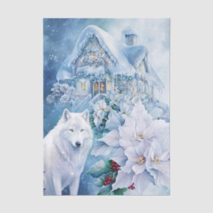 Papel De Seda Elegante Lobo Blanco Azul Floral Escena Invernal