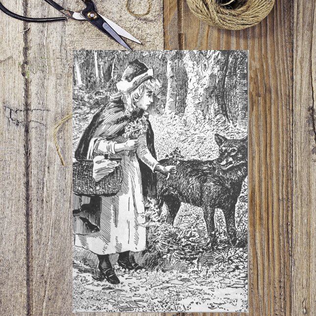 Papel De Seda Elegante Lobo del Caperucita Blanco Blanco Rojo (Vintage black white Little red riding hood in woods with wolf on tissue paper.)
