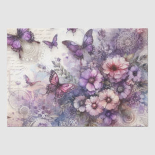 Papel De Seda Elegante Mariposa Floral Morado Vintage Grunge 