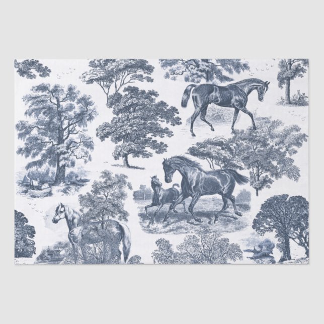 Papel De Seda Elegante Moda Caballos Rústicos Blue White Toile (Anverso)