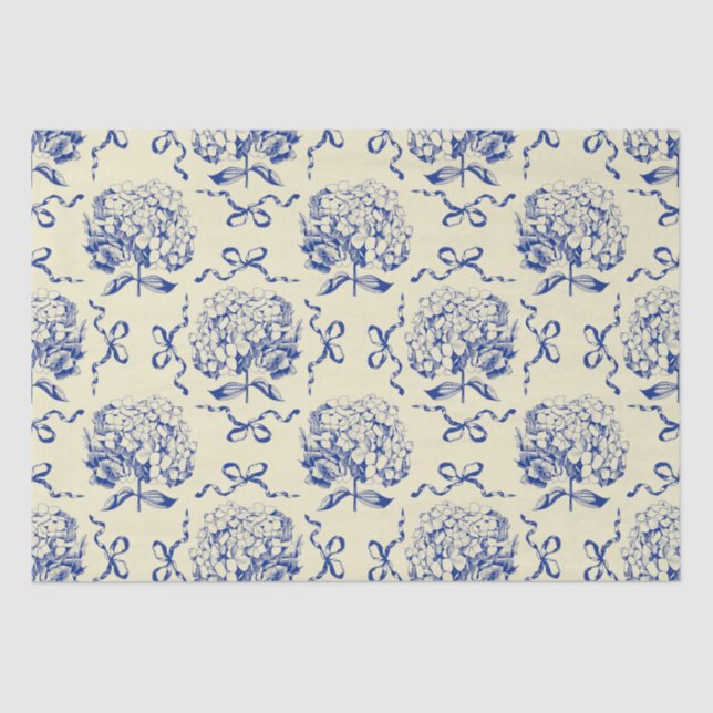 Papel De Seda Elegante Modelo Preppy Blue Toile Hydrangea Bow (Anverso)
