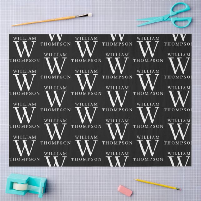 Papel De Seda Elegante Monograma Blanco y Negro Nombre inicial (Artesanía)