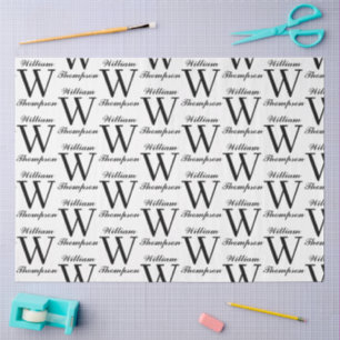 Papel De Seda Elegante Monograma de Caligrafía en Script en Blan