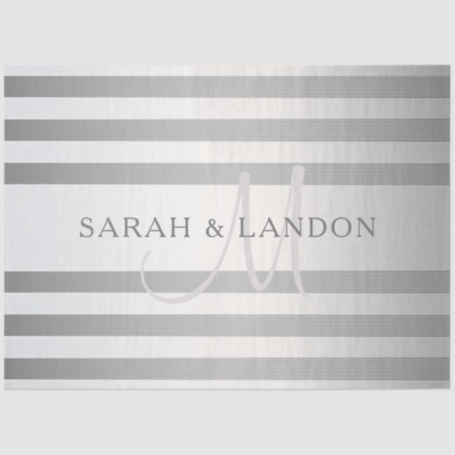 Papel De Seda Elegante Monograma Faux Plata Gradiente Rayas Gris (Anverso)