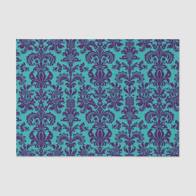 Papel De Seda Elegante Morado de Damasco Floral Fondo Verde azul (Anverso)