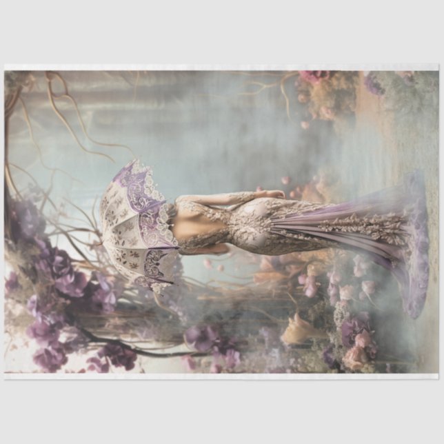 Papel De Seda Elegante Mujer Encantada Jardín Parasol Púrpura (Anverso)