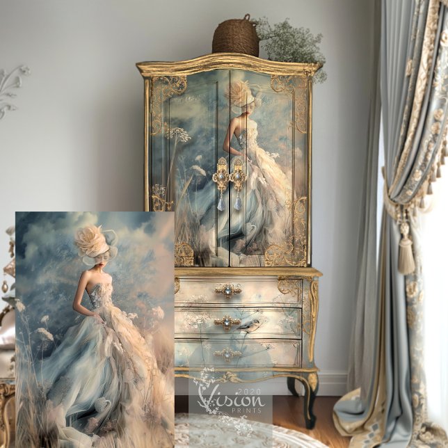 Papel De Seda Elegante mujer retrato de campo floral arte etéreo (Elegant Lady & Floral Fields, Romantic, Ethereal, Fantasy, Light Dusty Blue, Decoupage Tissue Paper)