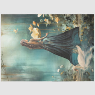 Papel De Seda Elegante mujer retrato y cisne en bosque brumoso