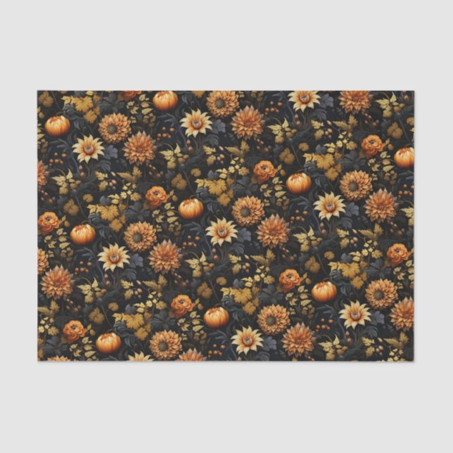 Papel De Seda Elegante Naranja Black Fall Floral (Anverso)