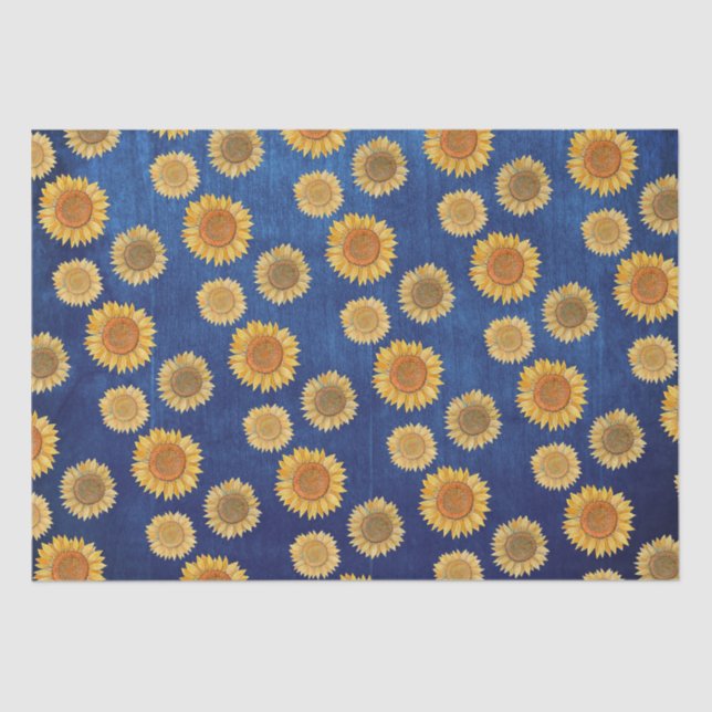 Papel De Seda Elegante Naval De Boho Azul Madera Rústica Girasol (Anverso)