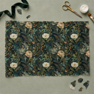 Papel De Seda Elegante Navidad Floral Verde y Crema de Invierno