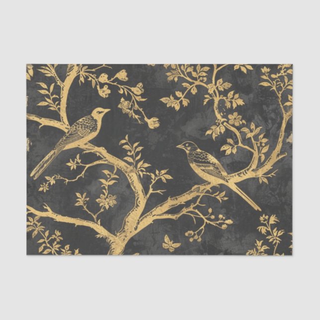 Papel De Seda Elegante negro y dorado pájaros Desnudos (Anverso)