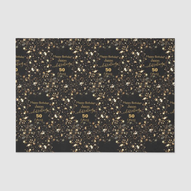 Papel De Seda Elegante negro y oro 50 cumpleaños (Anverso)