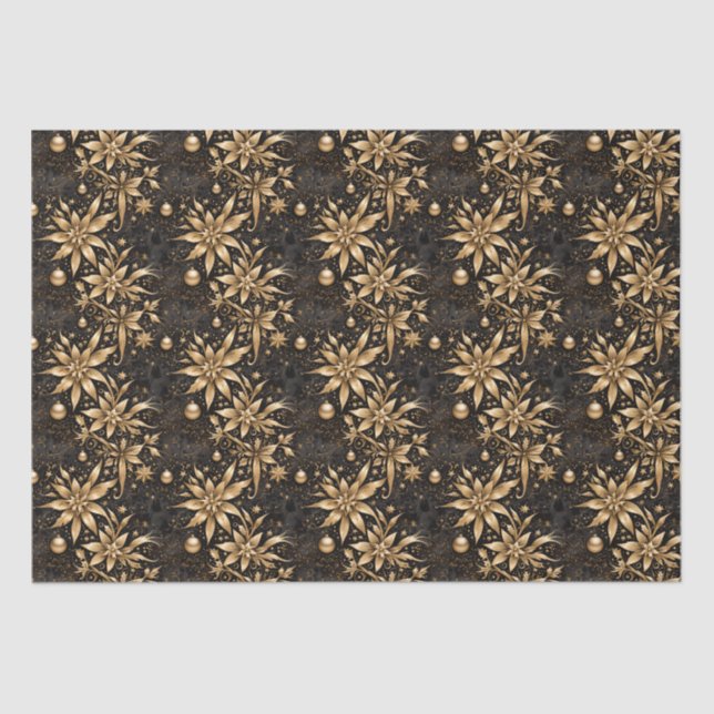 Papel De Seda Elegante Ornamento Floral de Oro Negro de Navidad (Anverso)