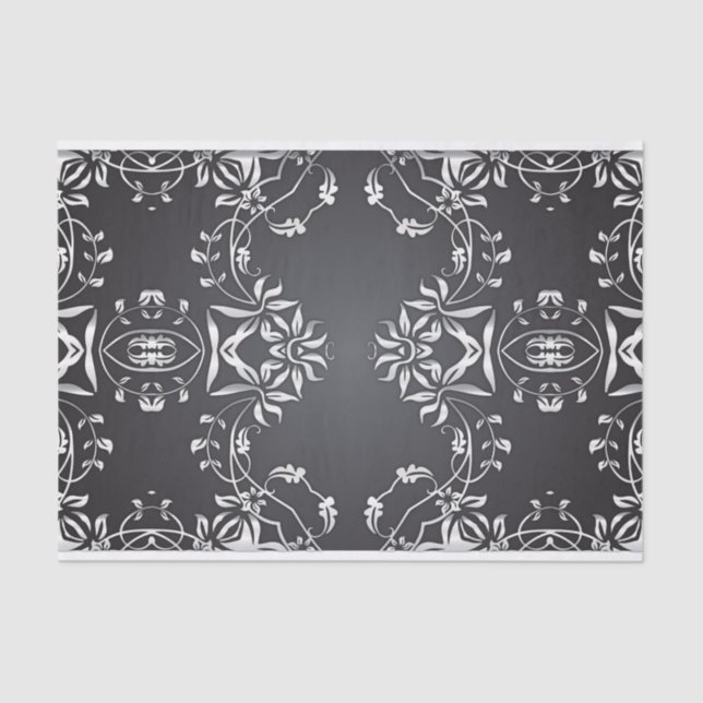 Papel De Seda Elegante Ornato Barroco Negro Y Plateado (Anverso)