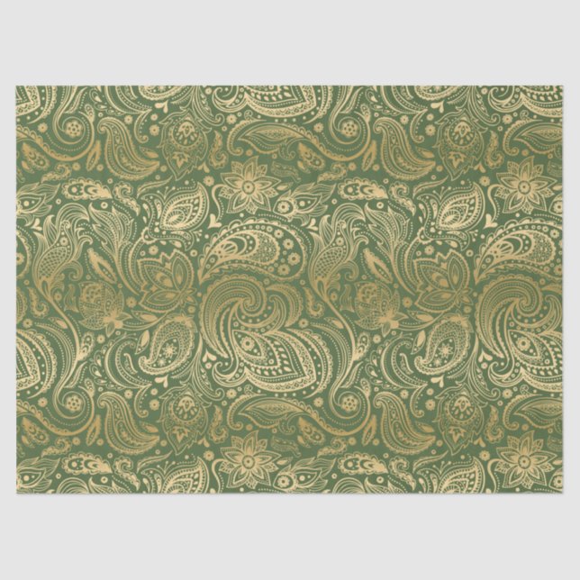 Papel De Seda Elegante Paisley De Flores De Oro Sobre Fondo Verd (Anverso)