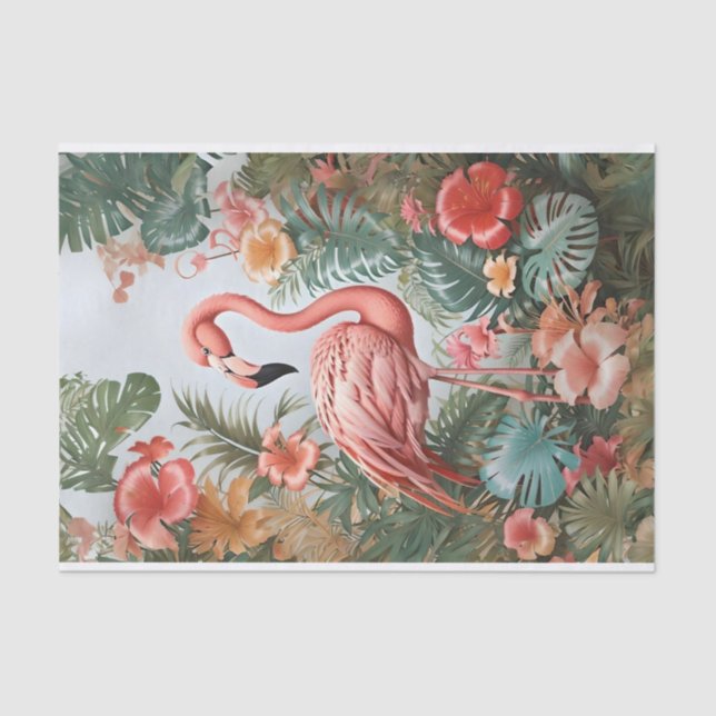 Papel De Seda Elegante pájaro rosa flamenco y flores tropicales (Anverso)