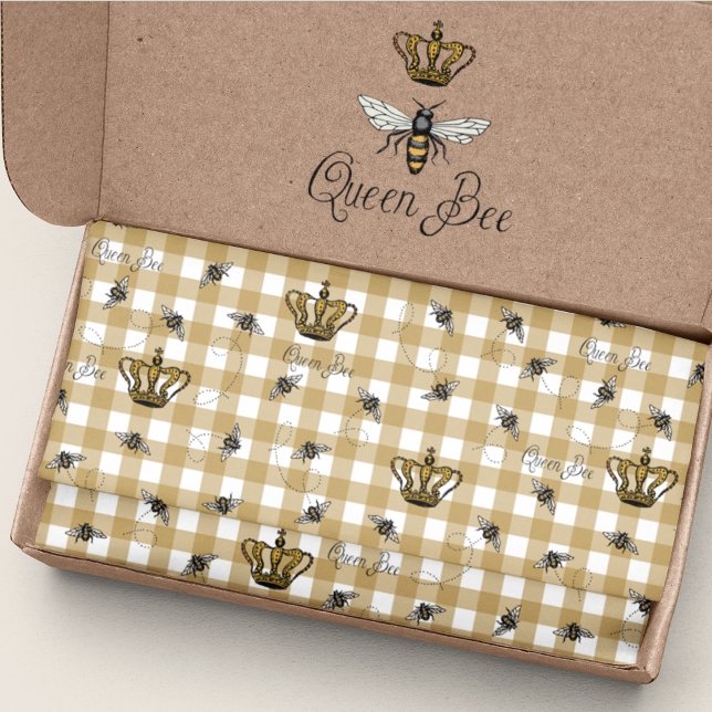 Papel De Seda Elegante patrón de abeja reina real de Gingham (Elegant Gold Gingham Pattern with a Hand-Drawn Vintage Inspired Buzzing Queen Bee & her Royal Crown)