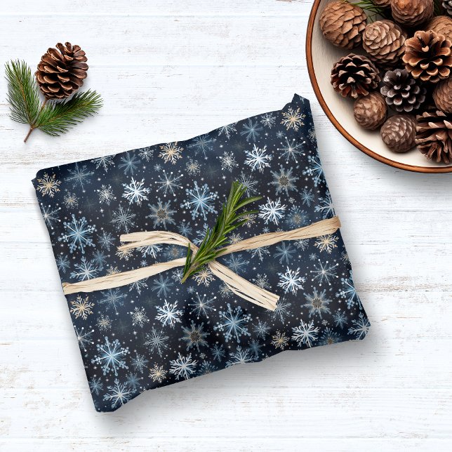 Papel De Seda Elegante patrón de copo de nieve blanco azul vinta (Elegant Vintage Blue White Snowflake Pattern Tissue Paper)